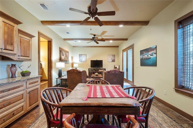 dining room with lofted ceiling with beams and ceiling fan