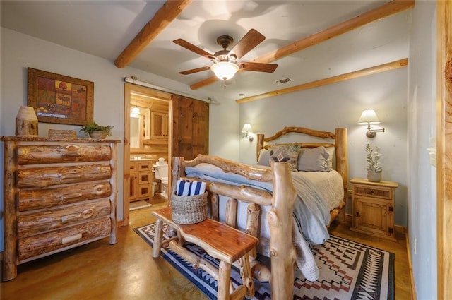 bedroom featuring ceiling fan, beamed ceiling, and hardwood / wood-style flooring