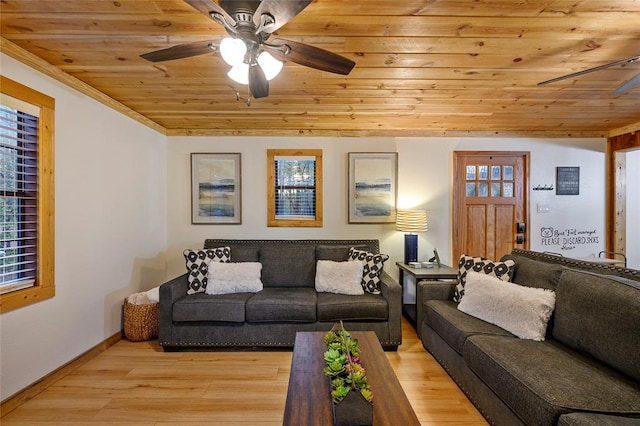 living room with light hardwood / wood-style floors, ceiling fan, and wooden ceiling