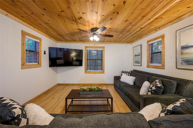 living room featuring light hardwood / wood-style floors, ceiling fan, and wooden ceiling