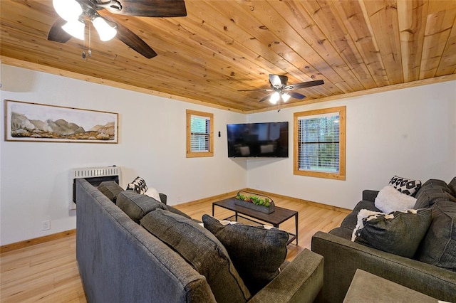 living room featuring heating unit, light hardwood / wood-style flooring, ornamental molding, and wood ceiling