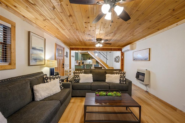 living room with light wood-type flooring, wood ceiling, heating unit, ceiling fan, and an AC wall unit