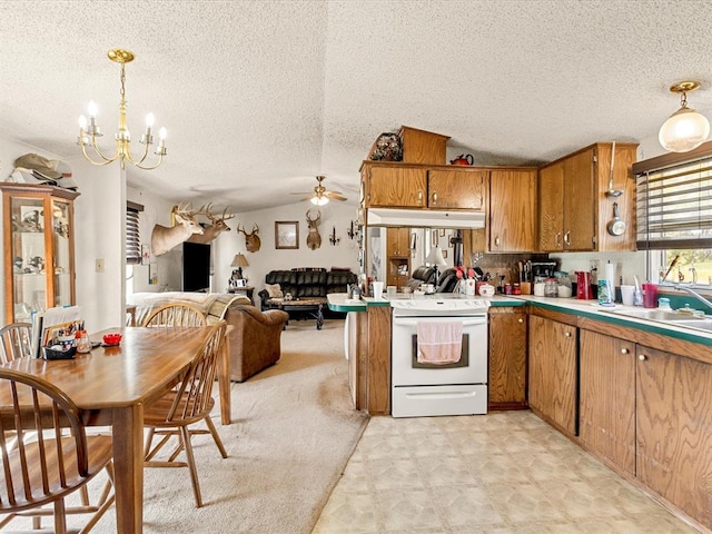 kitchen with electric range, lofted ceiling, a textured ceiling, decorative light fixtures, and ceiling fan with notable chandelier