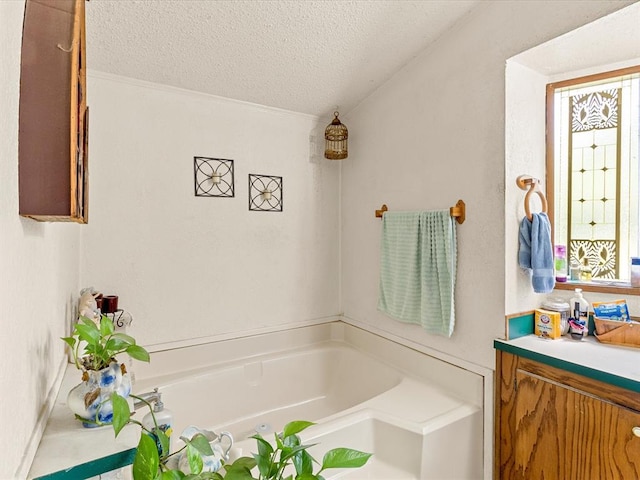 bathroom with vanity, a bathtub, and a textured ceiling