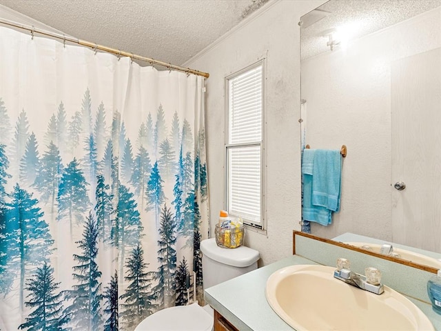 bathroom with walk in shower, crown molding, a textured ceiling, toilet, and vanity