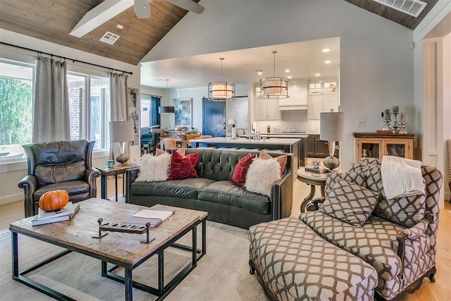 living room featuring light wood-type flooring, ceiling fan, sink, high vaulted ceiling, and wooden ceiling