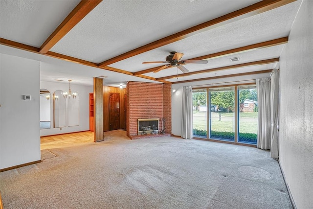 unfurnished living room with light carpet, a textured ceiling, ceiling fan with notable chandelier, beam ceiling, and a fireplace