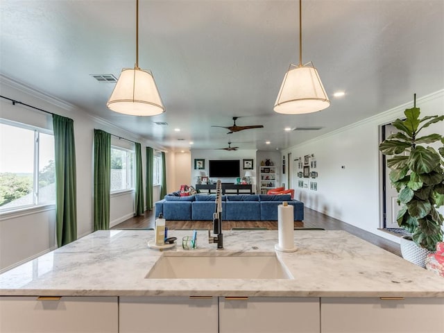 kitchen with hardwood / wood-style flooring, decorative light fixtures, light stone countertops, and ornamental molding