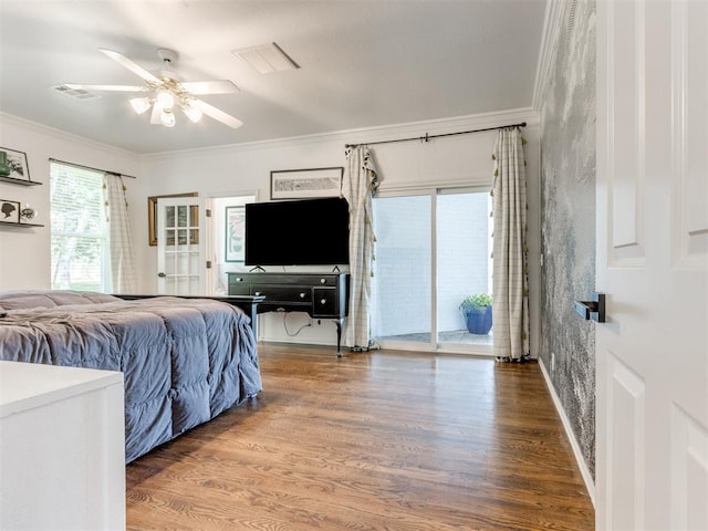 bedroom with access to exterior, hardwood / wood-style flooring, ceiling fan, and ornamental molding