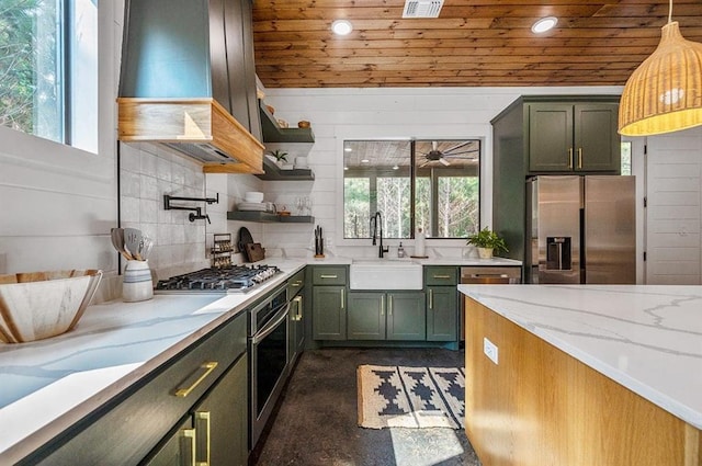 kitchen featuring sink, wall chimney exhaust hood, a healthy amount of sunlight, and appliances with stainless steel finishes