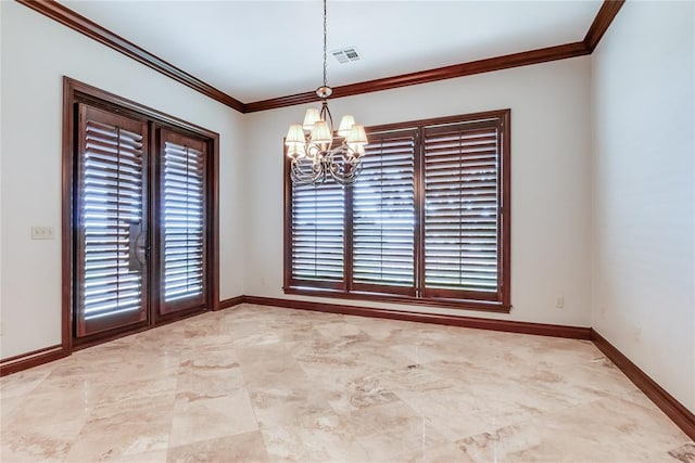 spare room featuring a notable chandelier and ornamental molding