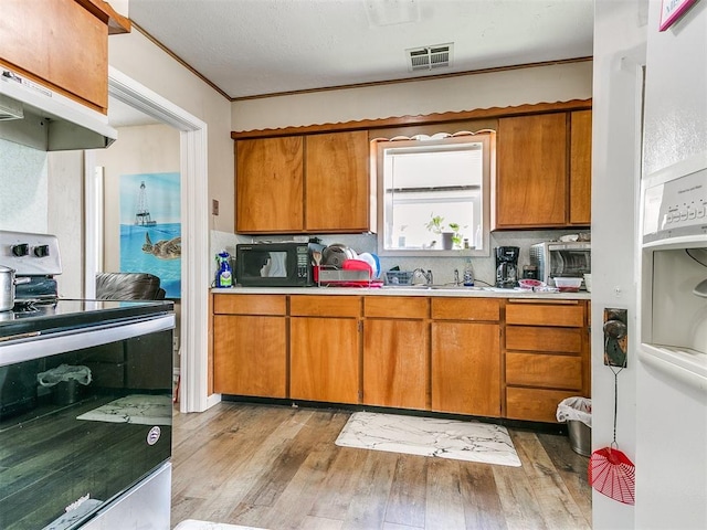 kitchen with tasteful backsplash, electric range, light hardwood / wood-style floors, and ornamental molding