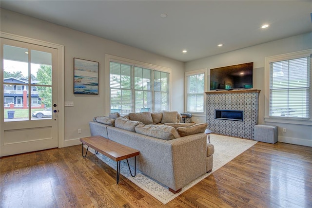 living room featuring a tile fireplace and hardwood / wood-style flooring