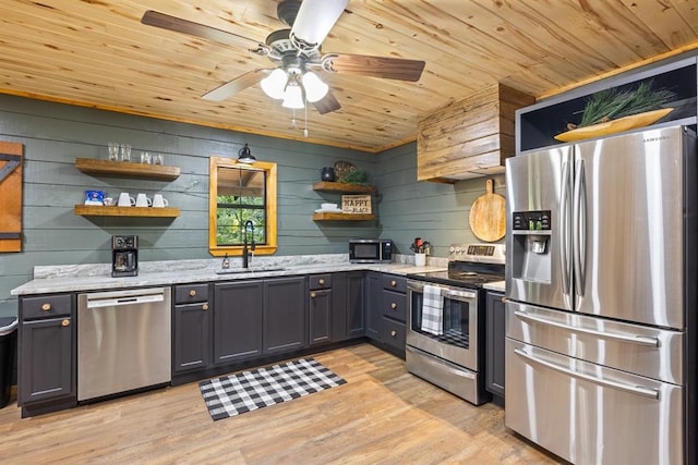 kitchen featuring sink, wooden walls, light stone countertops, appliances with stainless steel finishes, and light hardwood / wood-style floors