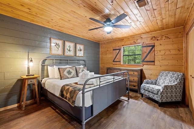 bedroom featuring wooden walls, ceiling fan, wood ceiling, and dark hardwood / wood-style floors