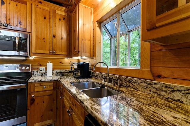 kitchen featuring stone countertops, stainless steel appliances, wooden walls, and sink