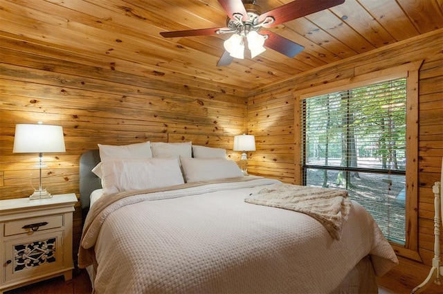 bedroom featuring wood-type flooring, wooden ceiling, ceiling fan, and wooden walls