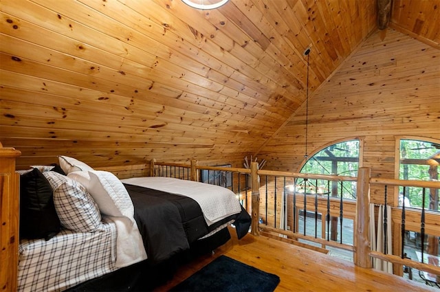 bedroom with lofted ceiling, hardwood / wood-style flooring, wooden walls, and wood ceiling