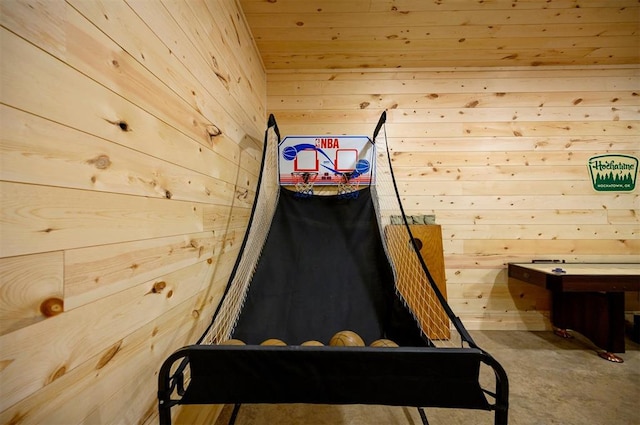 interior space with wood walls and wooden ceiling