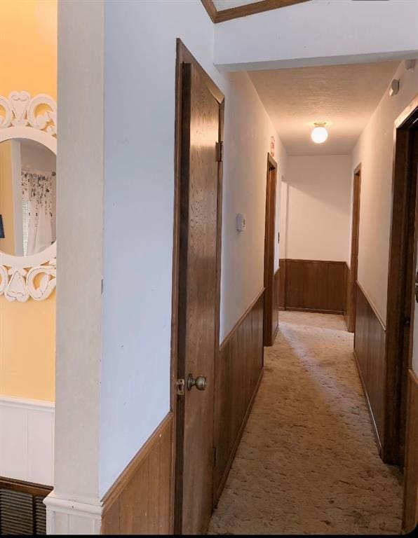 corridor featuring light colored carpet and wooden walls