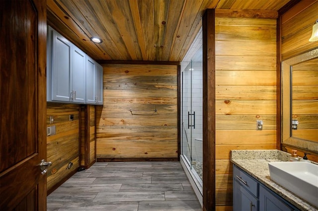 bathroom featuring walk in shower, vanity, wooden ceiling, and wood walls