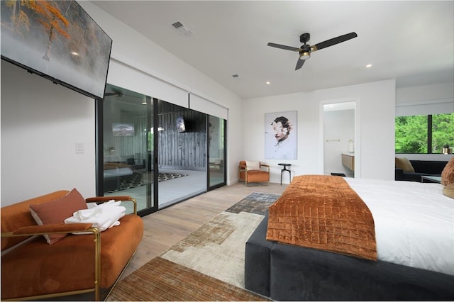 bedroom with access to outside, ceiling fan, light hardwood / wood-style flooring, and ensuite bathroom