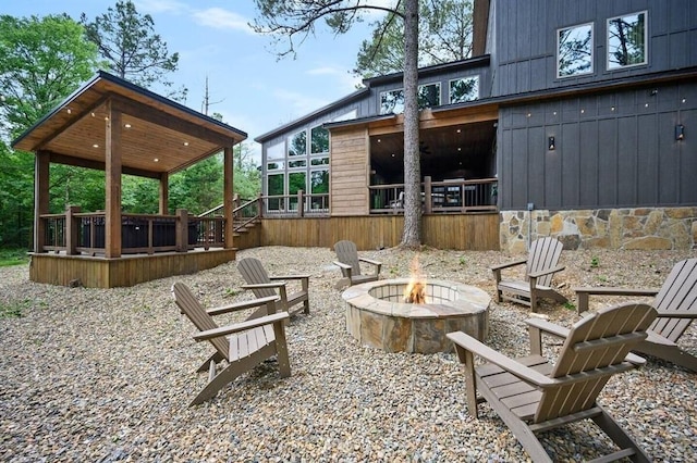 view of patio / terrace featuring a fire pit