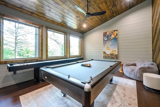 recreation room with hardwood / wood-style flooring, a wealth of natural light, vaulted ceiling, and wooden ceiling