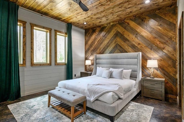 bedroom featuring wood ceiling, ceiling fan, and wood walls