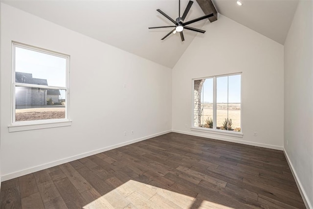 spare room with ceiling fan, dark hardwood / wood-style flooring, beamed ceiling, and high vaulted ceiling