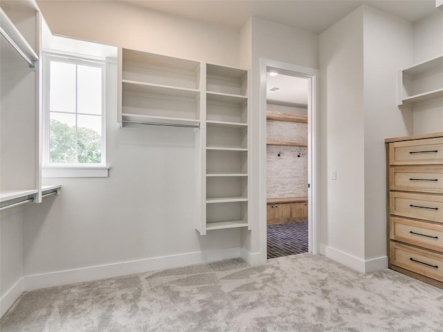 spacious closet featuring light carpet