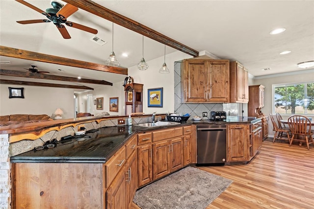 422502 E 1100th Rd, Checotah, OK 74426 - kitchen with dishwasher, recessed lighting, a peninsula, ceiling fan, and light wood-style floors