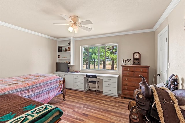 422502 E 1100th Rd, Checotah, OK 74426 - bedroom with light wood-style flooring, an office area, ornamental molding, ceiling fan, and a textured ceiling