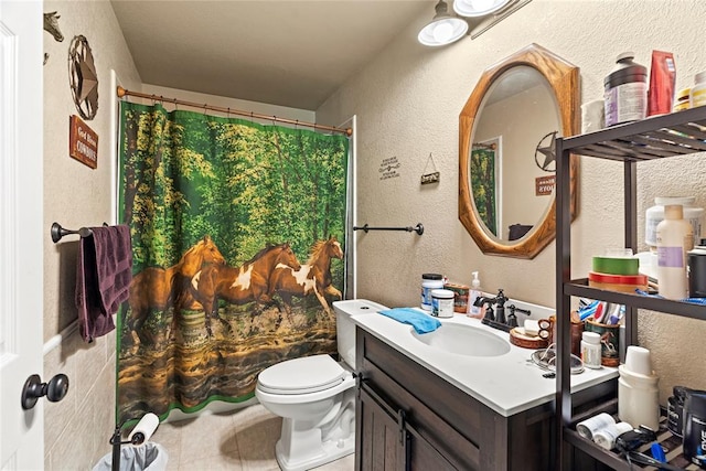 422502 E 1100th Rd, Checotah, OK 74426 - full bathroom with vanity, tile patterned floors, a textured wall, and a shower with shower curtain