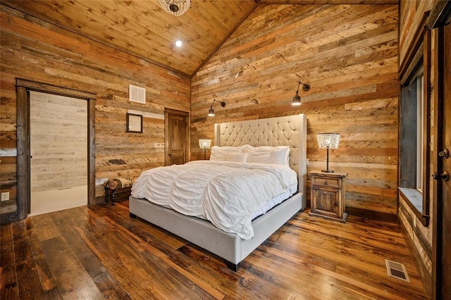 bedroom featuring wooden walls, dark hardwood / wood-style floors, wood ceiling, and high vaulted ceiling