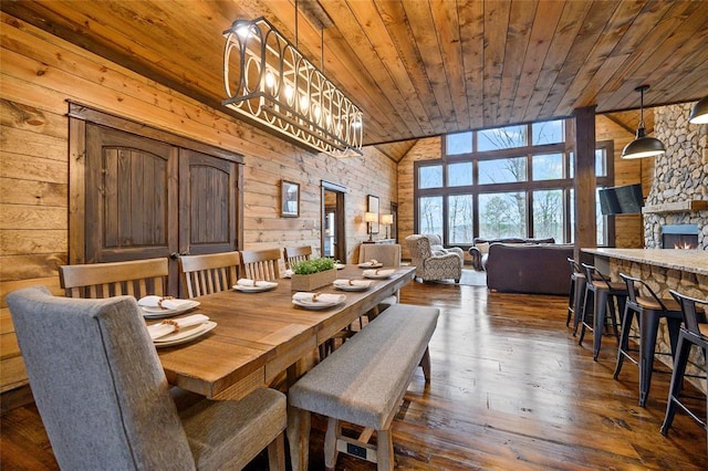 dining space featuring a fireplace, dark hardwood / wood-style flooring, wooden ceiling, and wood walls