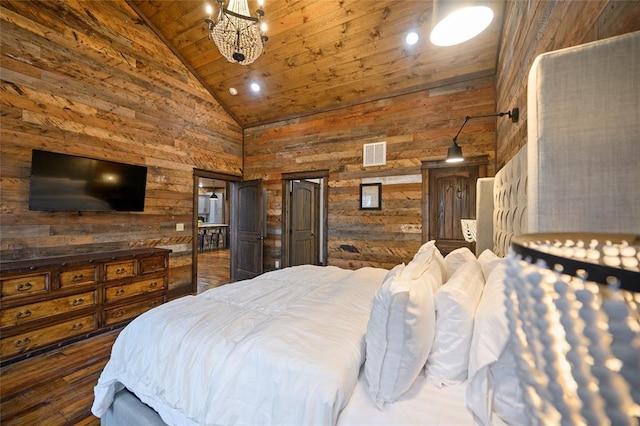 bedroom featuring wooden walls, high vaulted ceiling, and wooden ceiling