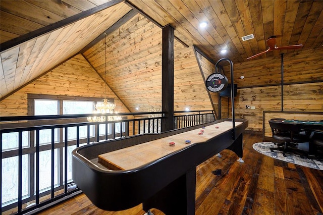 playroom with hardwood / wood-style floors, lofted ceiling, wooden ceiling, and wooden walls