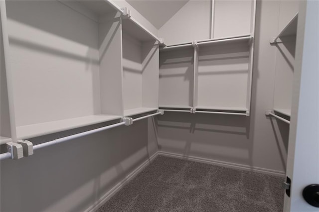 walk in closet with dark carpet and vaulted ceiling