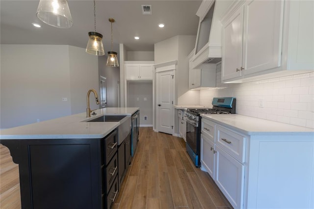 kitchen with white cabinetry, premium range hood, an island with sink, pendant lighting, and appliances with stainless steel finishes