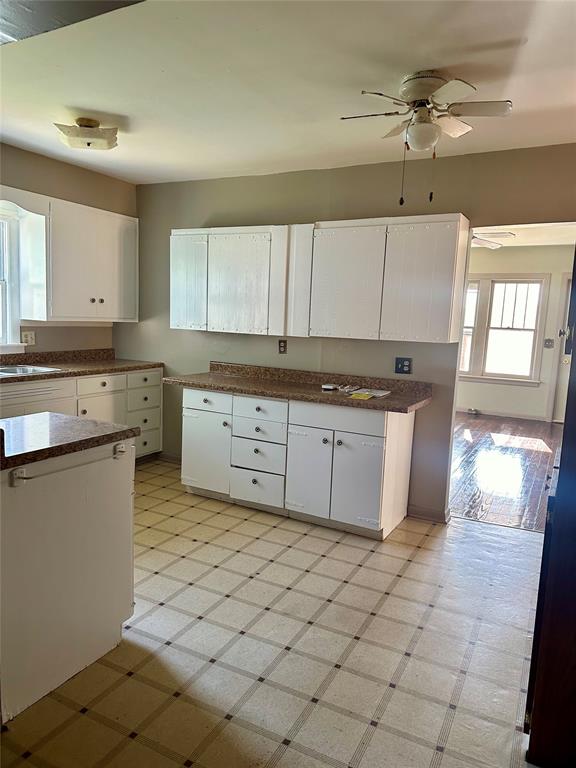 kitchen with white cabinetry, sink, and ceiling fan