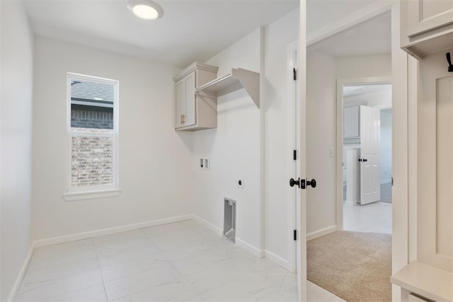 laundry room with electric dryer hookup, cabinets, light carpet, and hookup for a washing machine