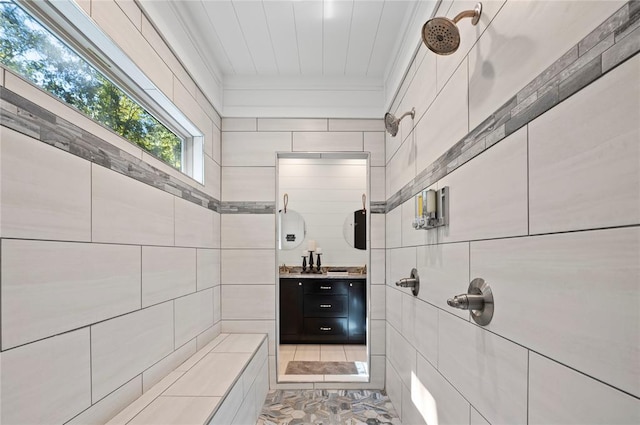 bathroom with vanity and walk in shower