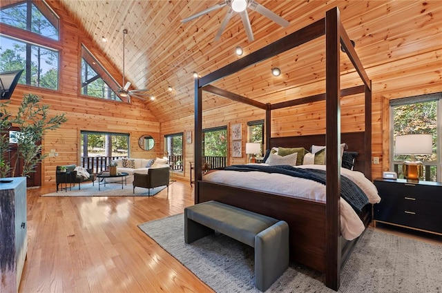 bedroom featuring light wood-type flooring, high vaulted ceiling, wooden ceiling, and wood walls