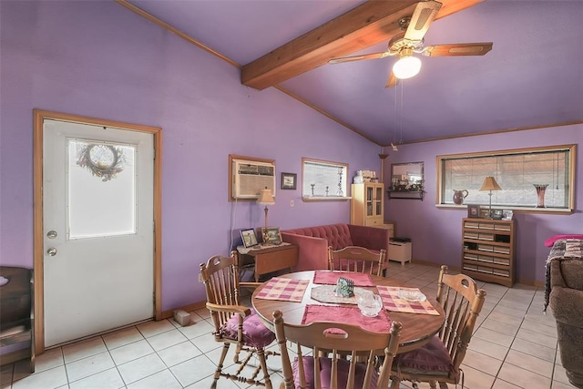 dining area with vaulted ceiling with beams, ceiling fan, light tile patterned flooring, and a wall unit AC