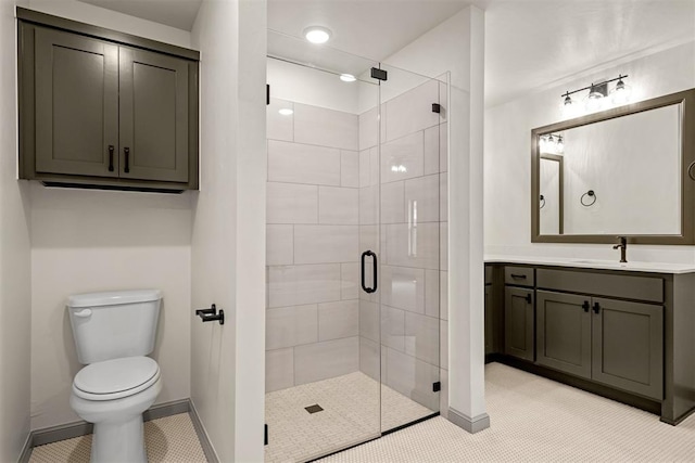 bathroom with tile patterned flooring, a shower with door, vanity, and toilet