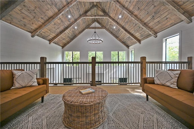 living room featuring beam ceiling, high vaulted ceiling, wooden ceiling, and a notable chandelier