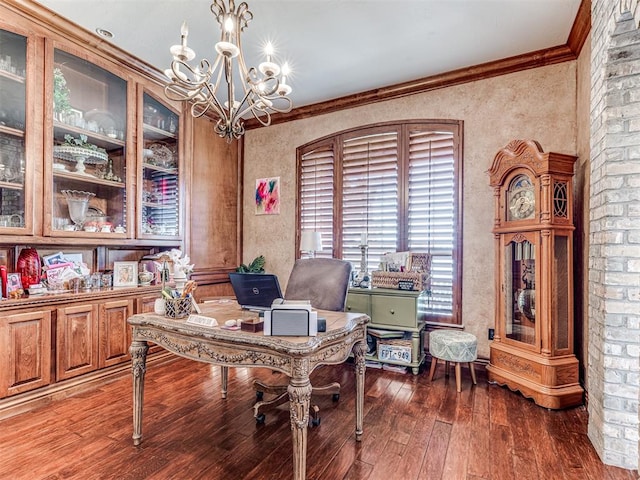 office featuring crown molding, dark wood-type flooring, and a notable chandelier