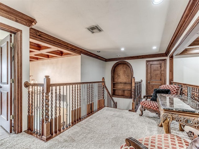 living area with beamed ceiling, carpet floors, ornamental molding, and coffered ceiling