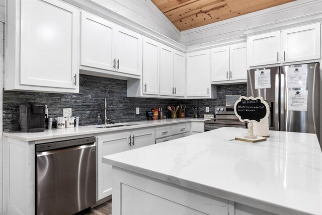 kitchen with white cabinetry, light stone countertops, and stainless steel appliances